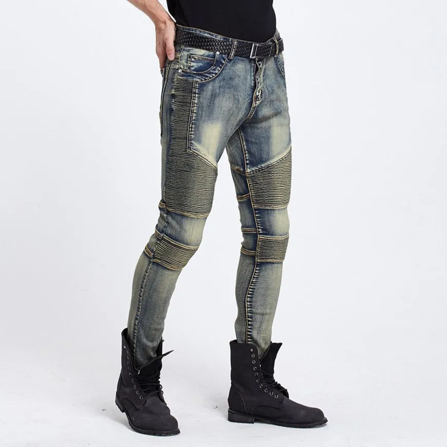 Men's Skinny Runway Elastic Mid Waist Denim Moto Biker Hip-hop Jeans