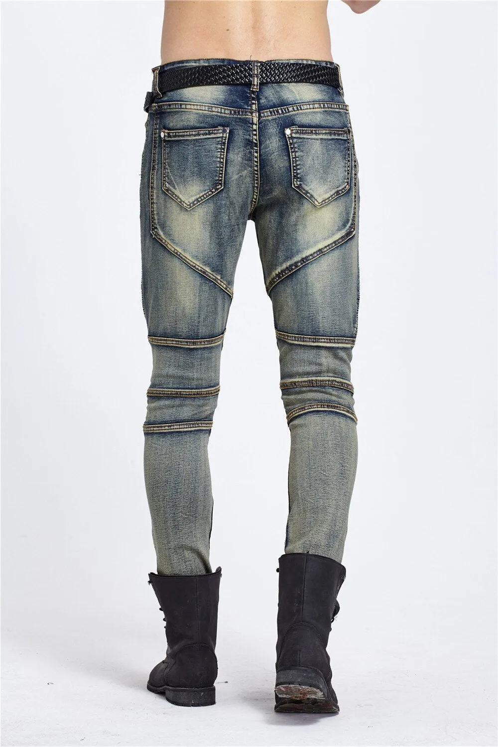 Men's Skinny Runway Elastic Mid Waist Denim Moto Biker Hip-hop Jeans