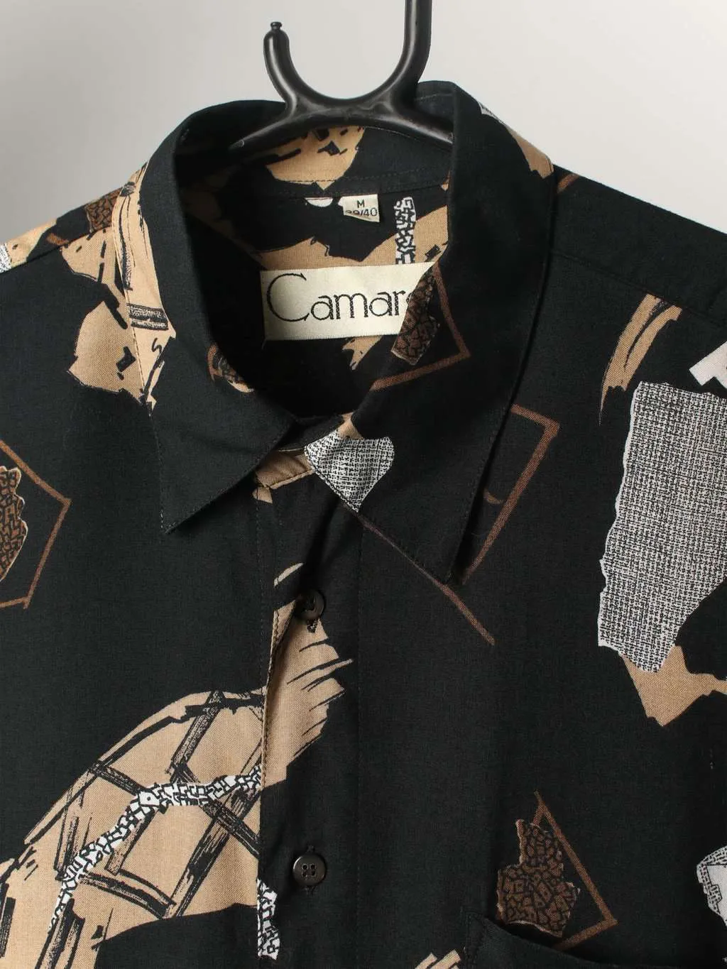 Mens vintage Camargue shirt, black with crazy abstract print with text and long sleeves – Medium