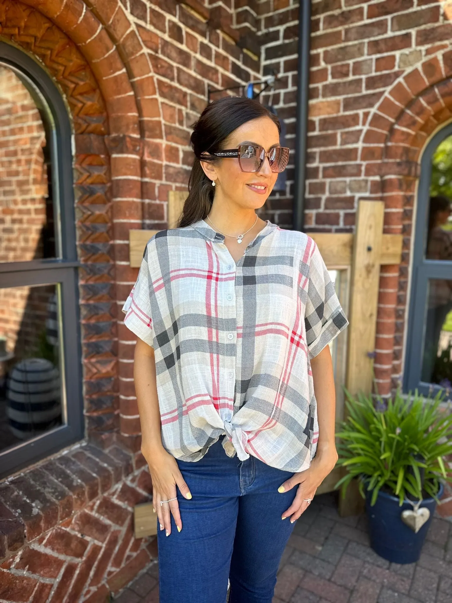 Mocha Checked Pattern Tie Front Blouse Hayley