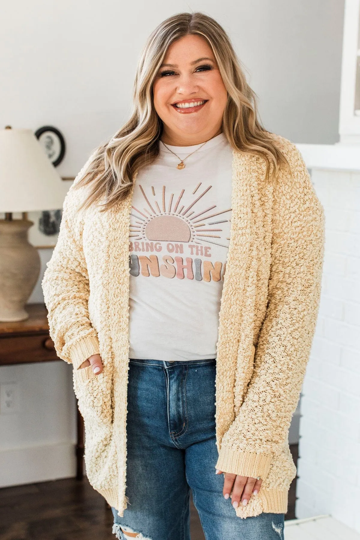 Movie Date Popcorn Knit Cardigan- Pale Yellow