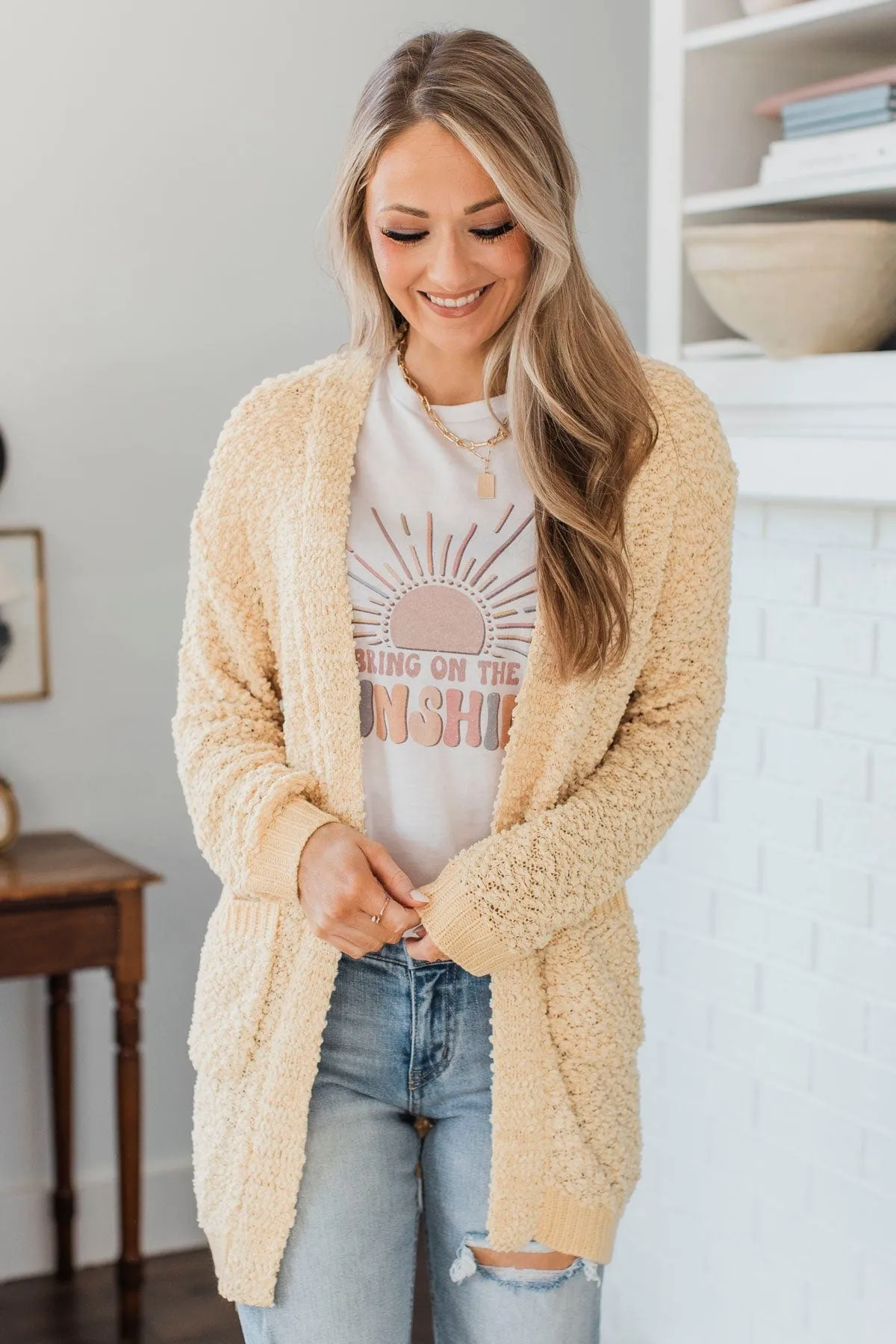 Movie Date Popcorn Knit Cardigan- Pale Yellow