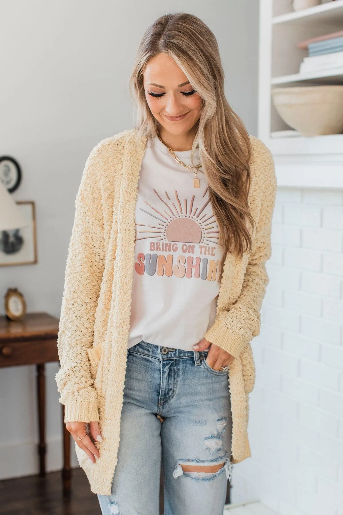 Movie Date Popcorn Knit Cardigan- Pale Yellow