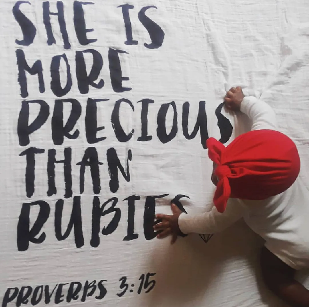 Organic Swaddle + Wall Art - Proverbs 3:15 She is more precious than rubies.