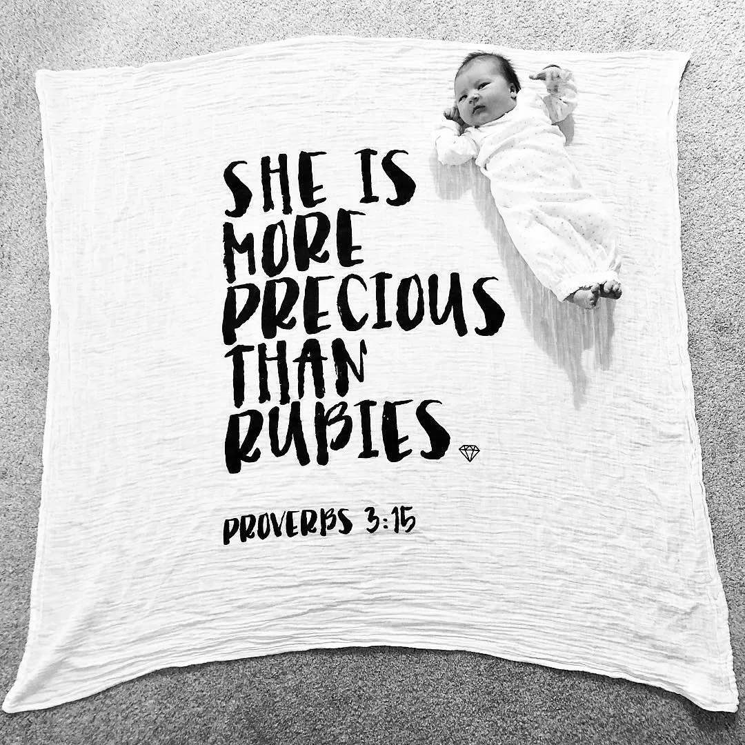 Organic Swaddle + Wall Art - Proverbs 3:15 She is more precious than rubies.