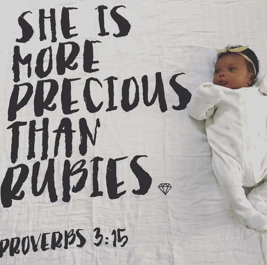 Organic Swaddle + Wall Art - Proverbs 3:15 She is more precious than rubies.