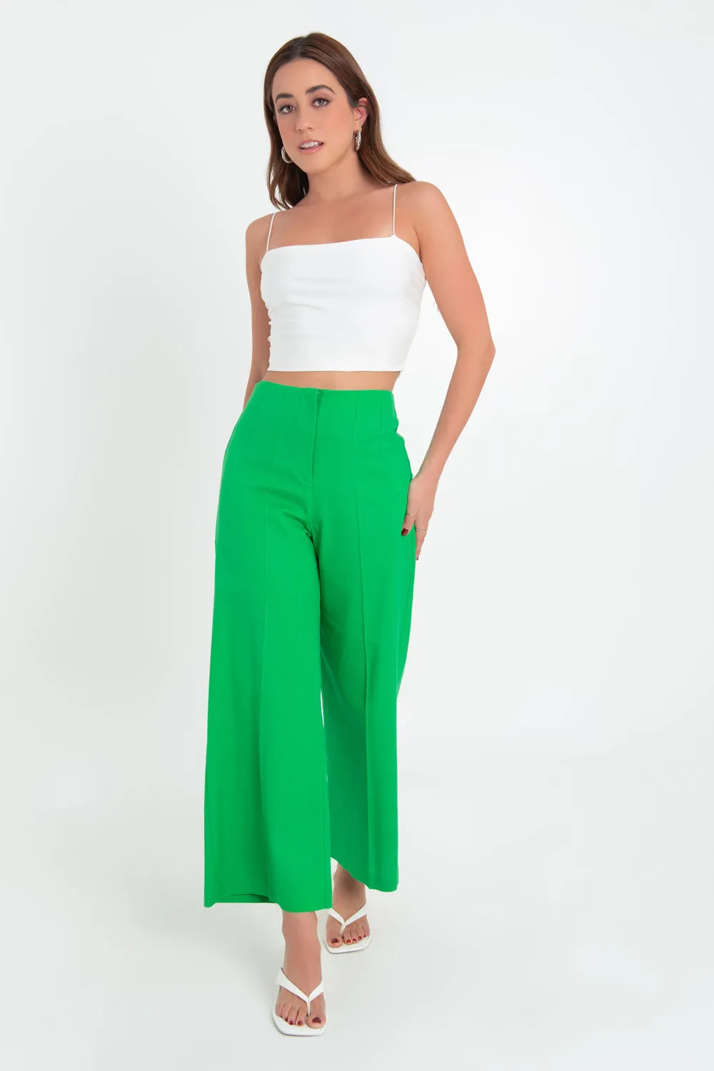 Pantalon fit culotte de lino con pinzas