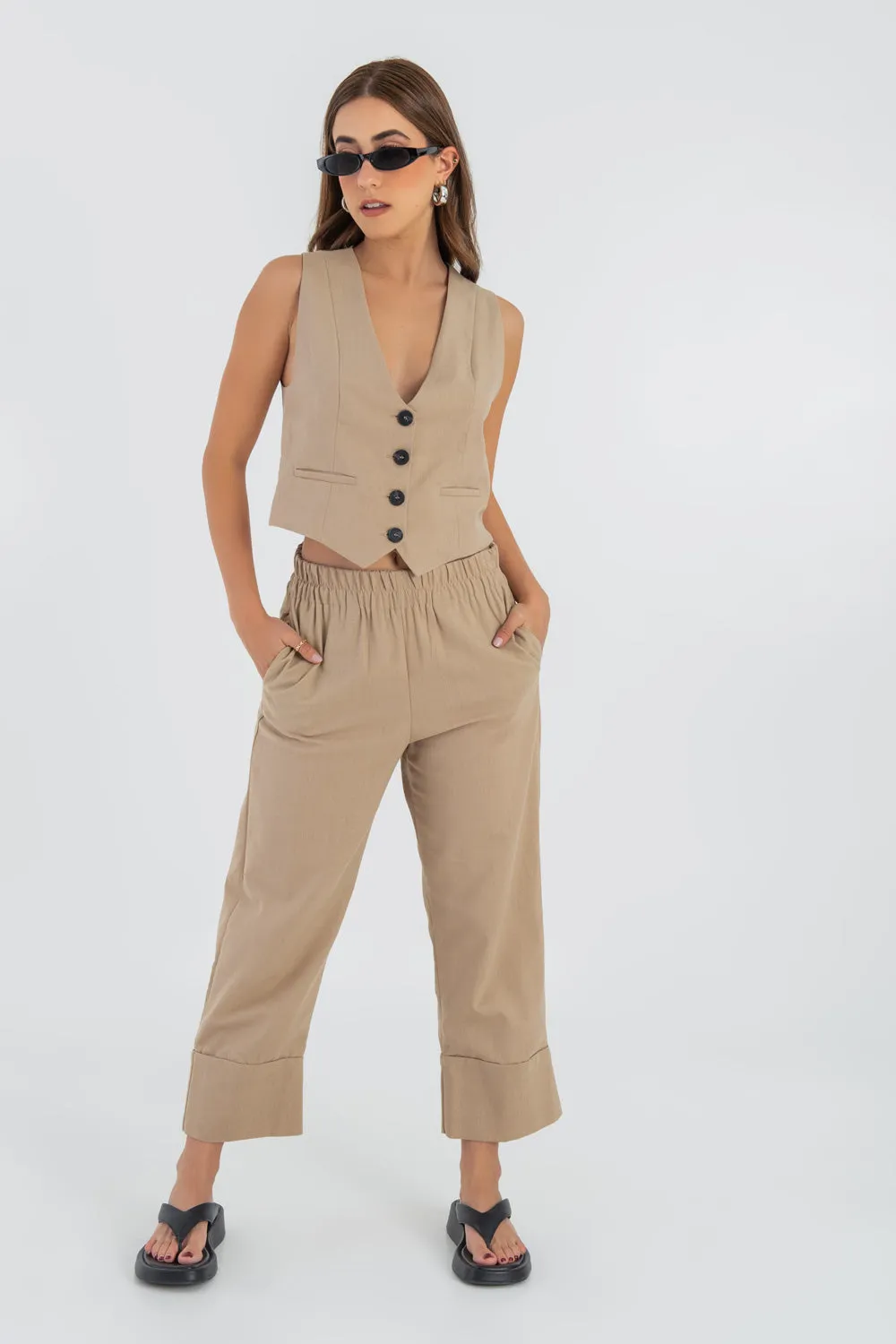 Pantalón de lino fit culotte tiro alto