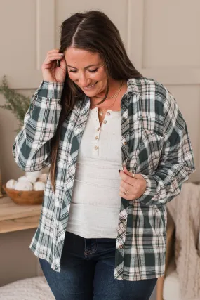 Plenty Of Love Plaid Button Top- Hunter Green