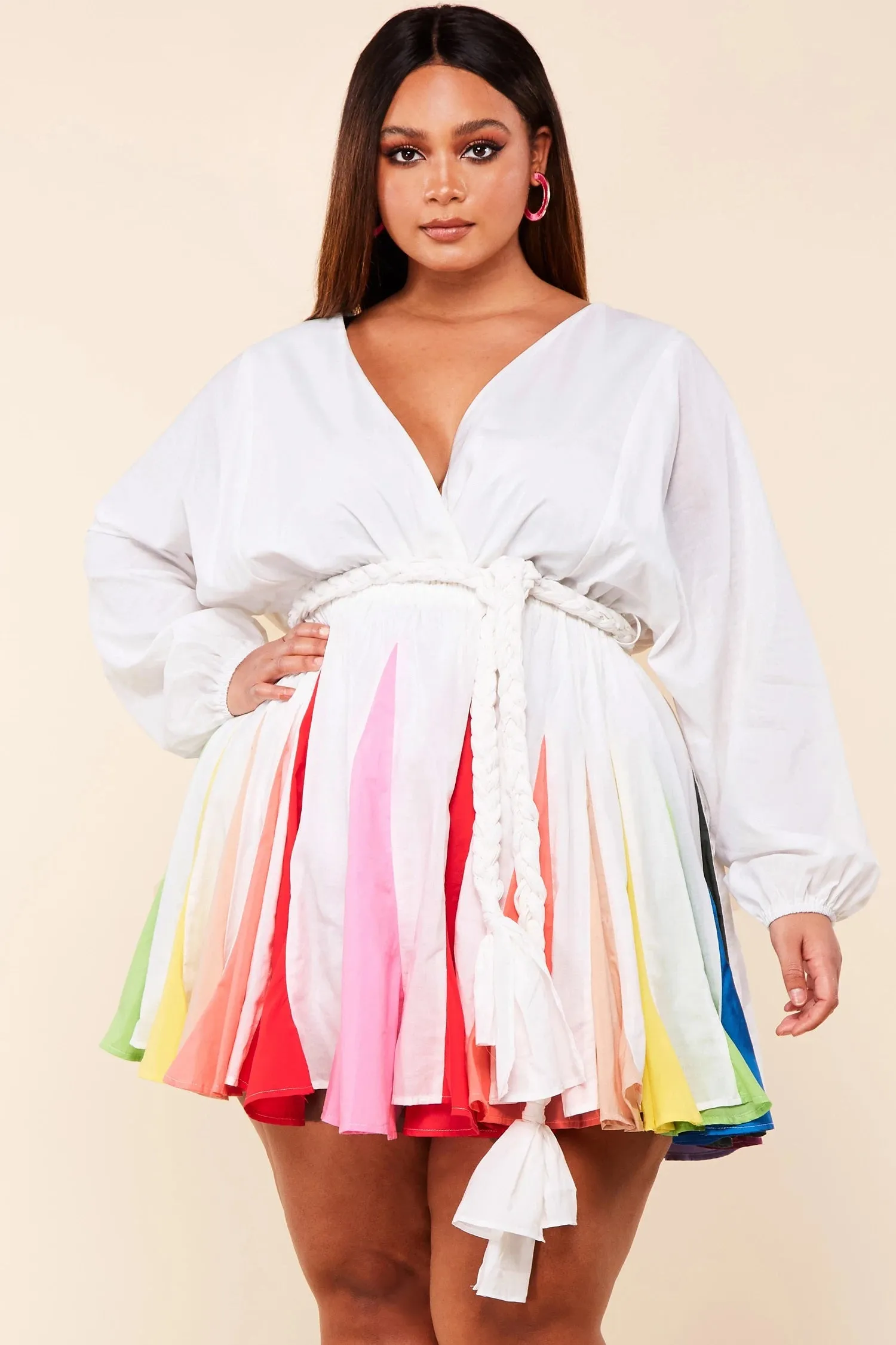 Plus-Size Long Sleeve Technicolor Mini Dress