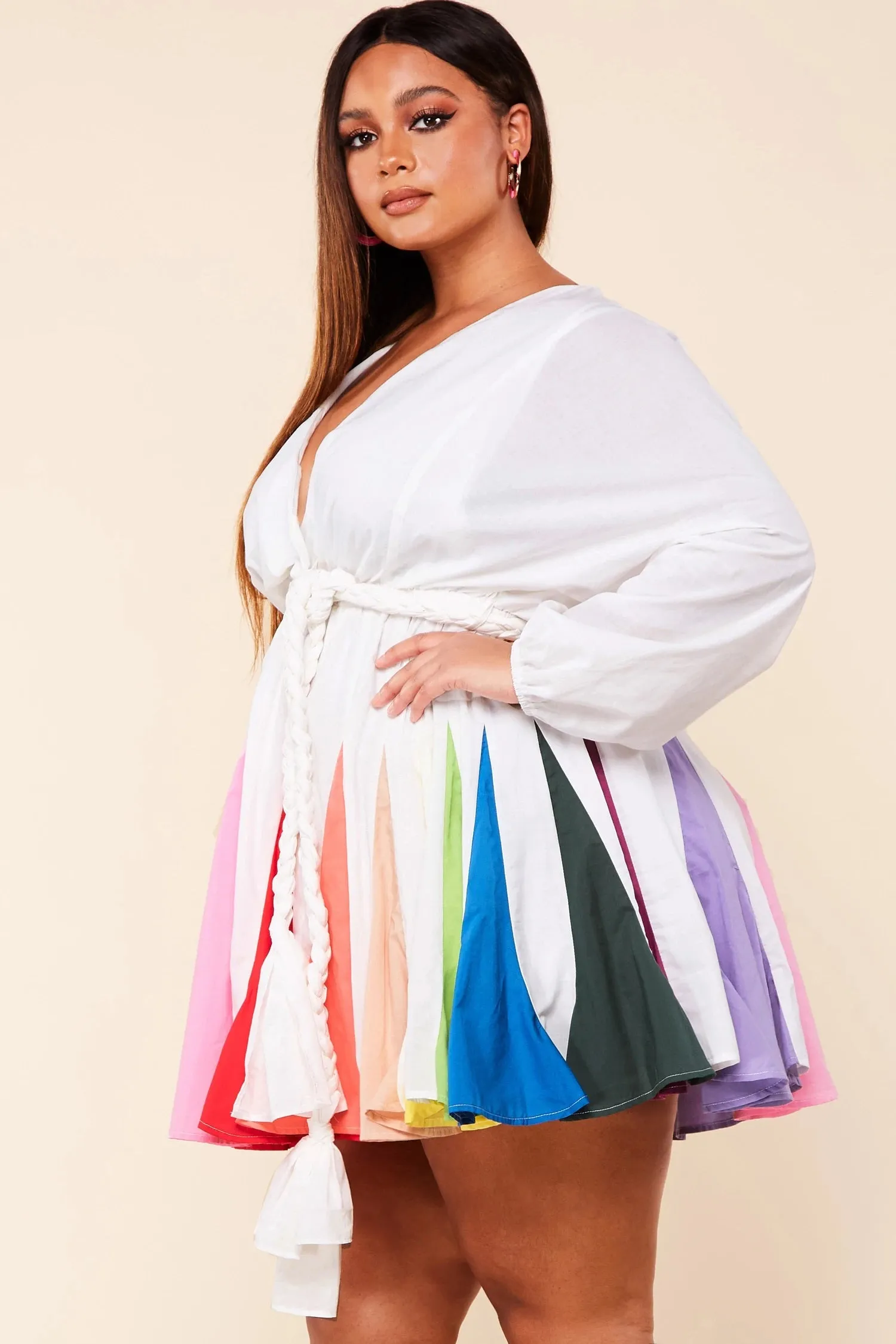 Plus-Size Long Sleeve Technicolor Mini Dress