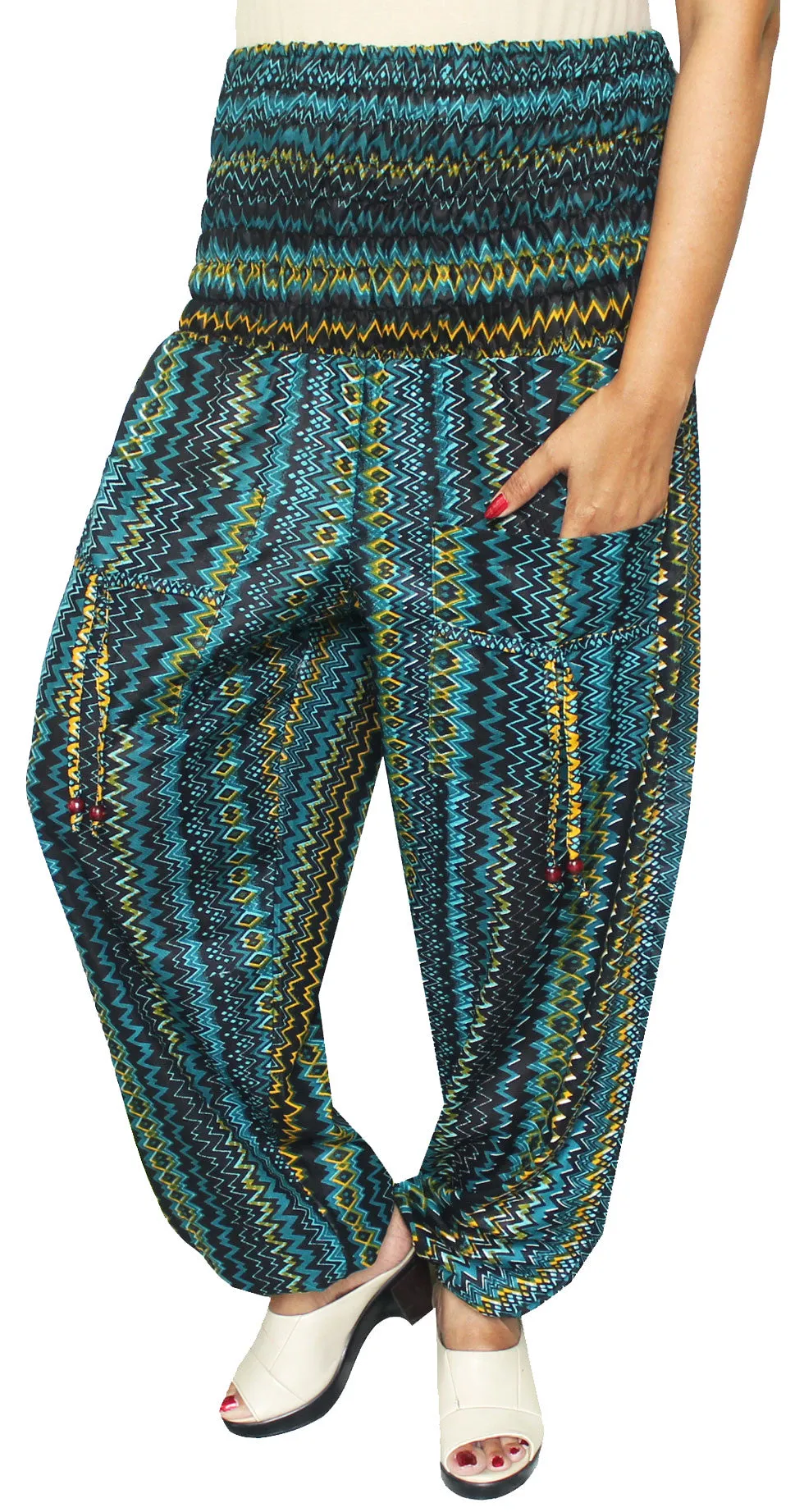 Rayon Womens Smocked Waist Harem Pants (Green)