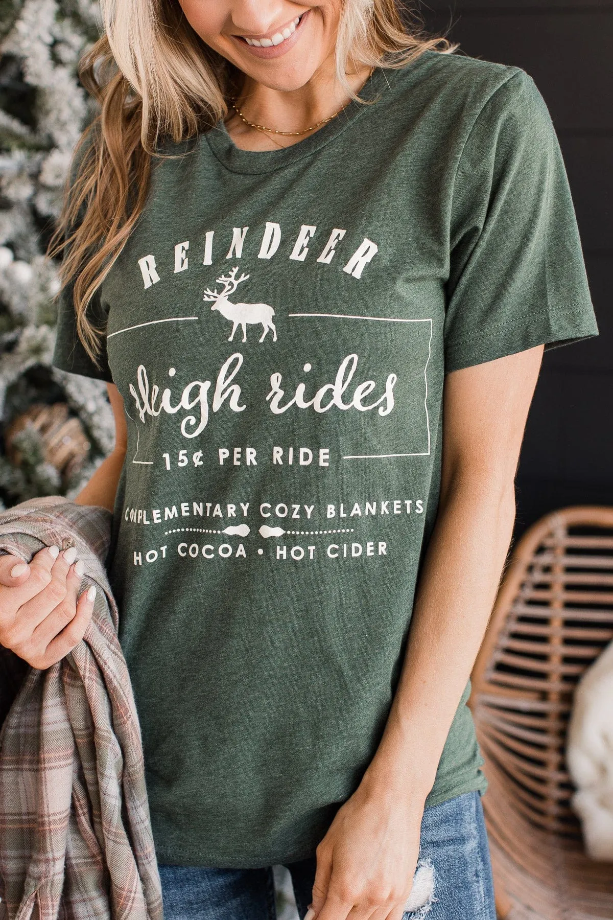 Reindeer Sleigh Rides Graphic Tee- Hunter Green