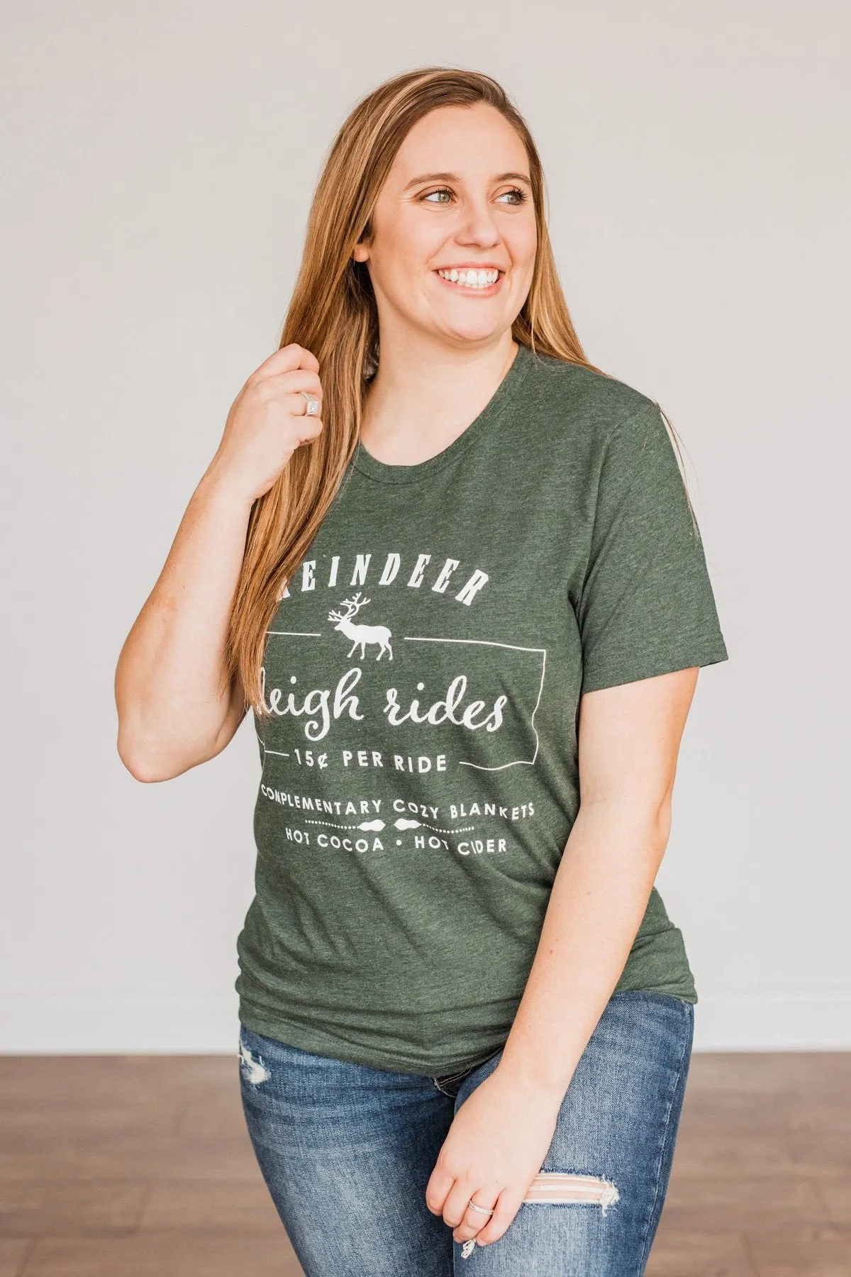 Reindeer Sleigh Rides Graphic Tee- Hunter Green