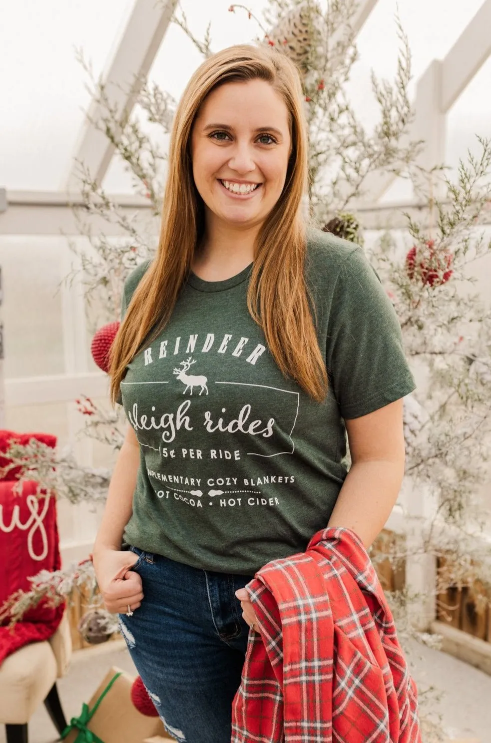 Reindeer Sleigh Rides Graphic Tee- Hunter Green