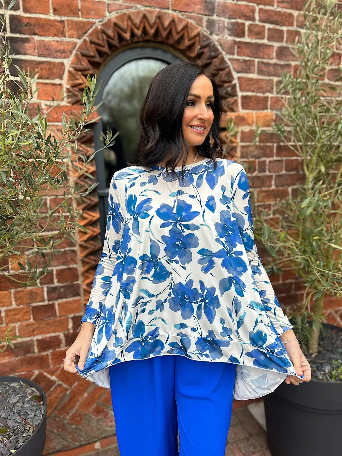 Royal Blue Floral Hi-Lo Round Neck Top Remmi