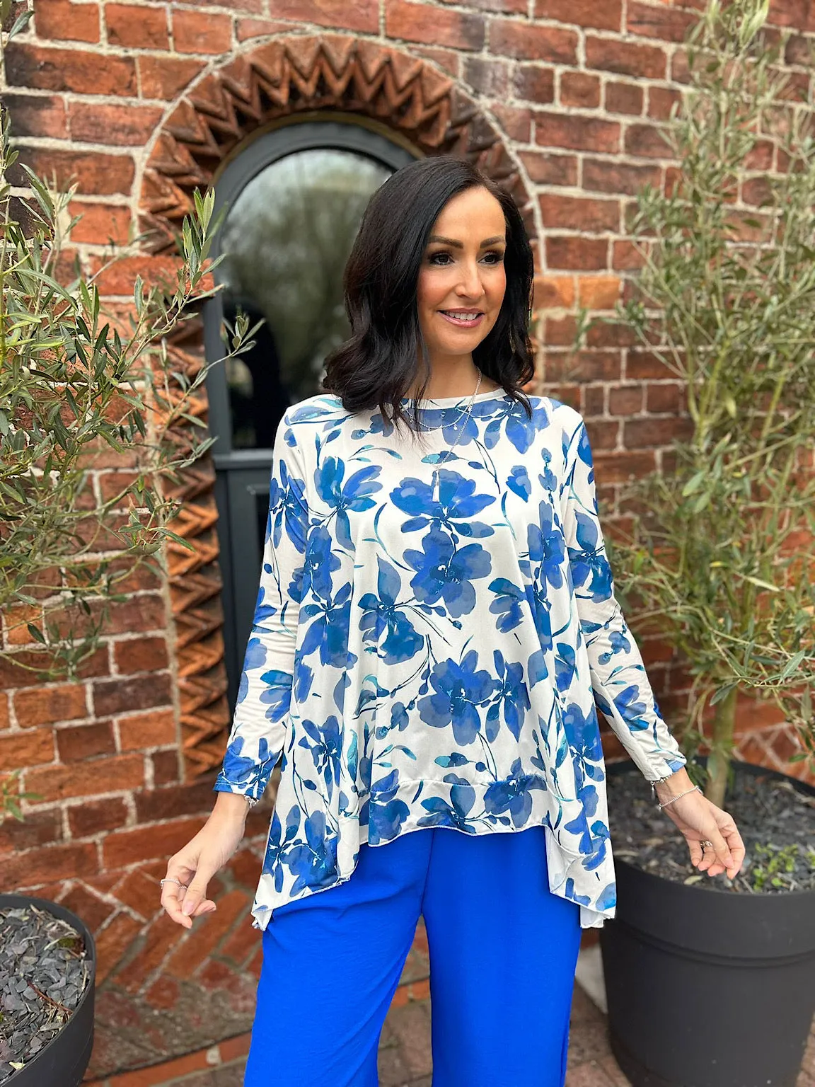 Royal Blue Floral Hi-Lo Round Neck Top Remmi