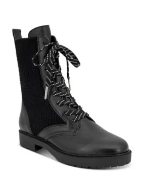 SPLENDID Womens Black Mixed Media Heel Pull-Tab Padded Lug Sole Stretch Scout Round Toe Lace-Up Leather Combat Boots M