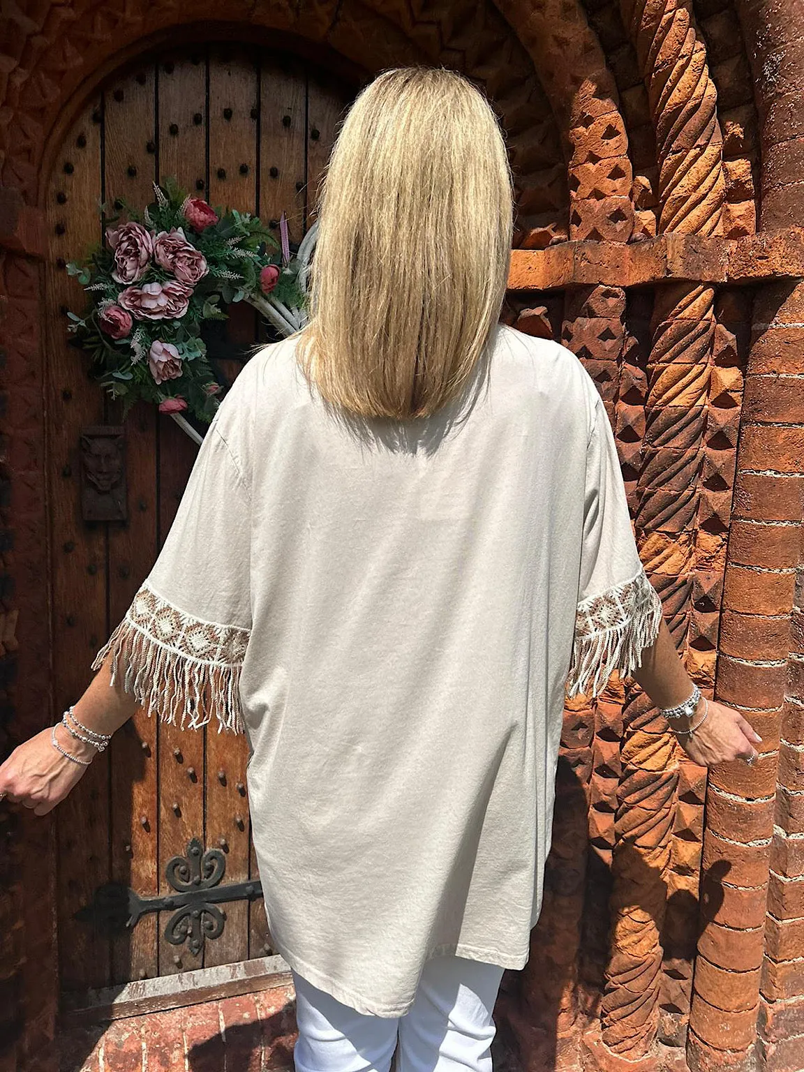 Stone Crochet Fringed Sleeve Top Drew