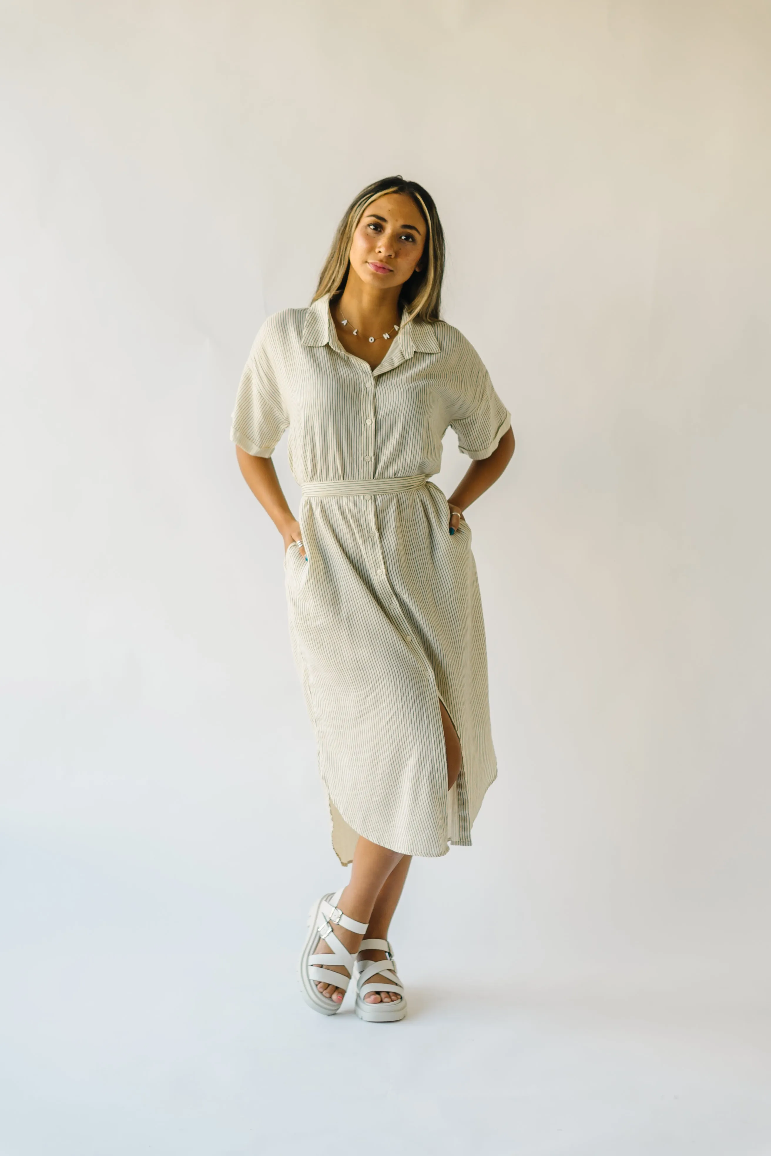 The Harburn Striped Button-Down Dress in Ivory + Black