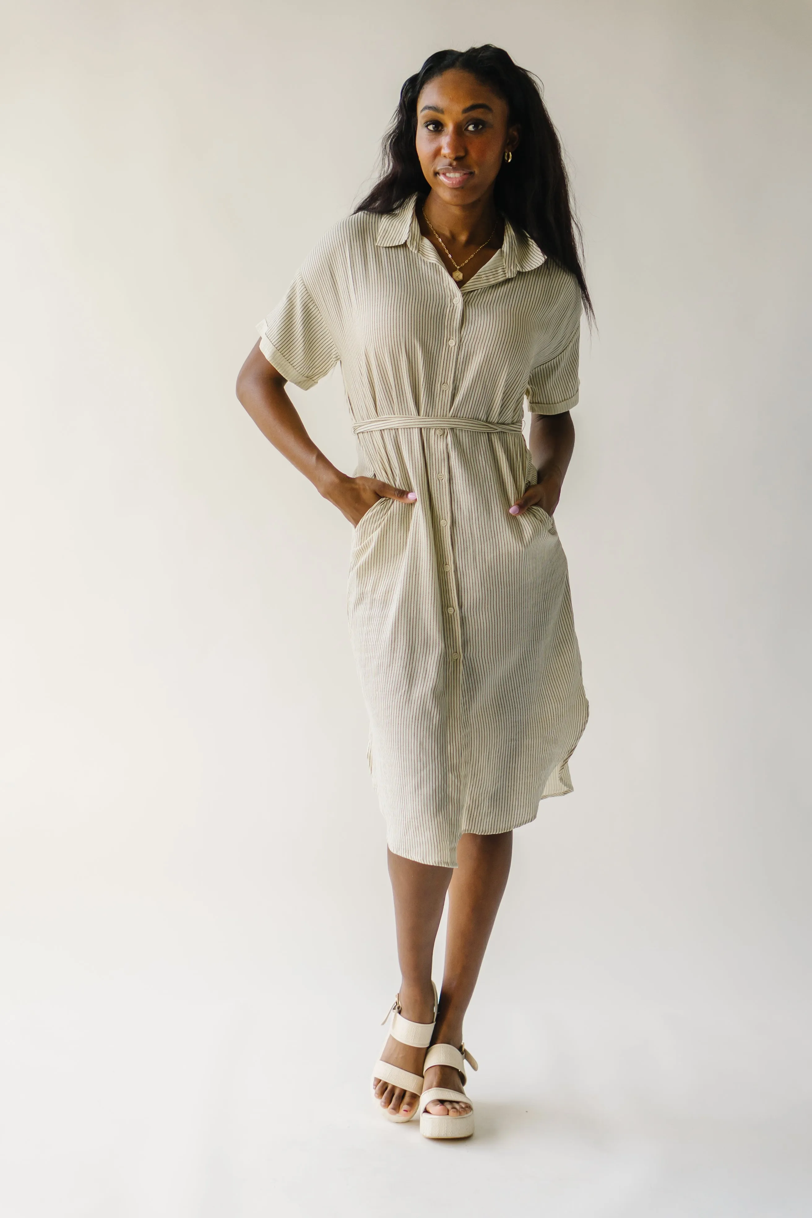 The Harburn Striped Button-Down Dress in Ivory + Black