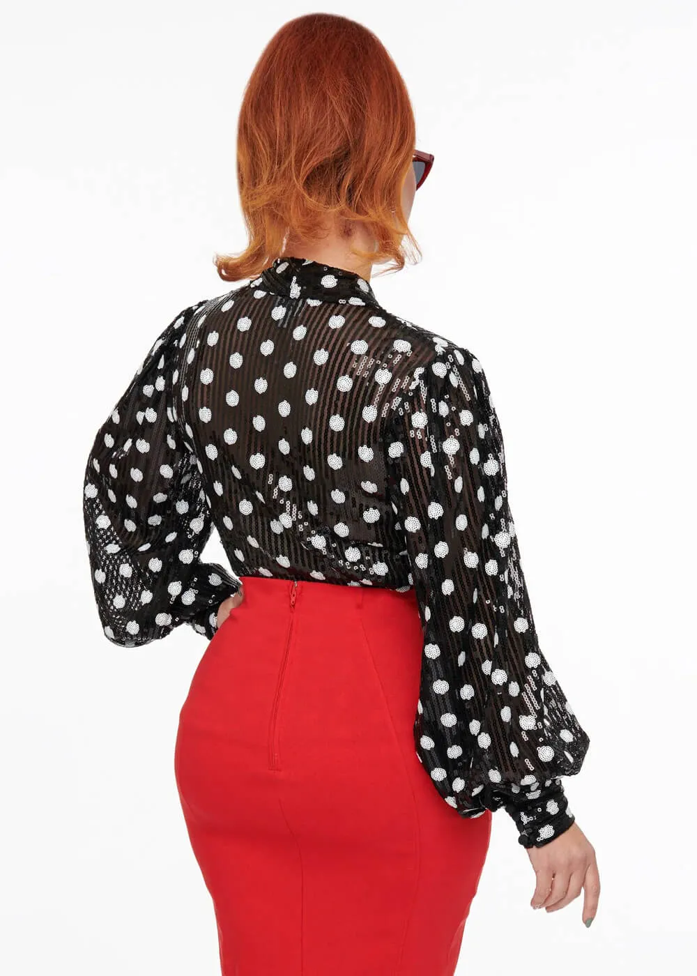 Unique Vintage Lena Sequin Polka 40's Blouse Black