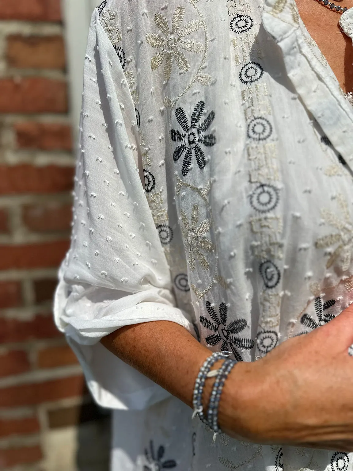 White Embroidered Gold Accent Shirt Harriet