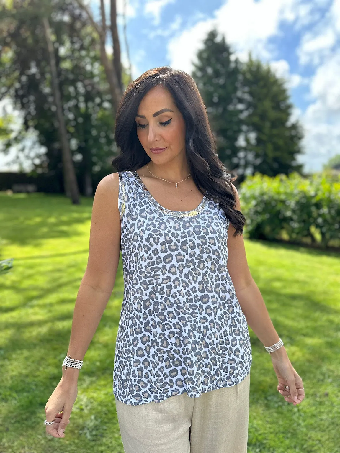 White Leopard Gold Trim Vest Top Dawn