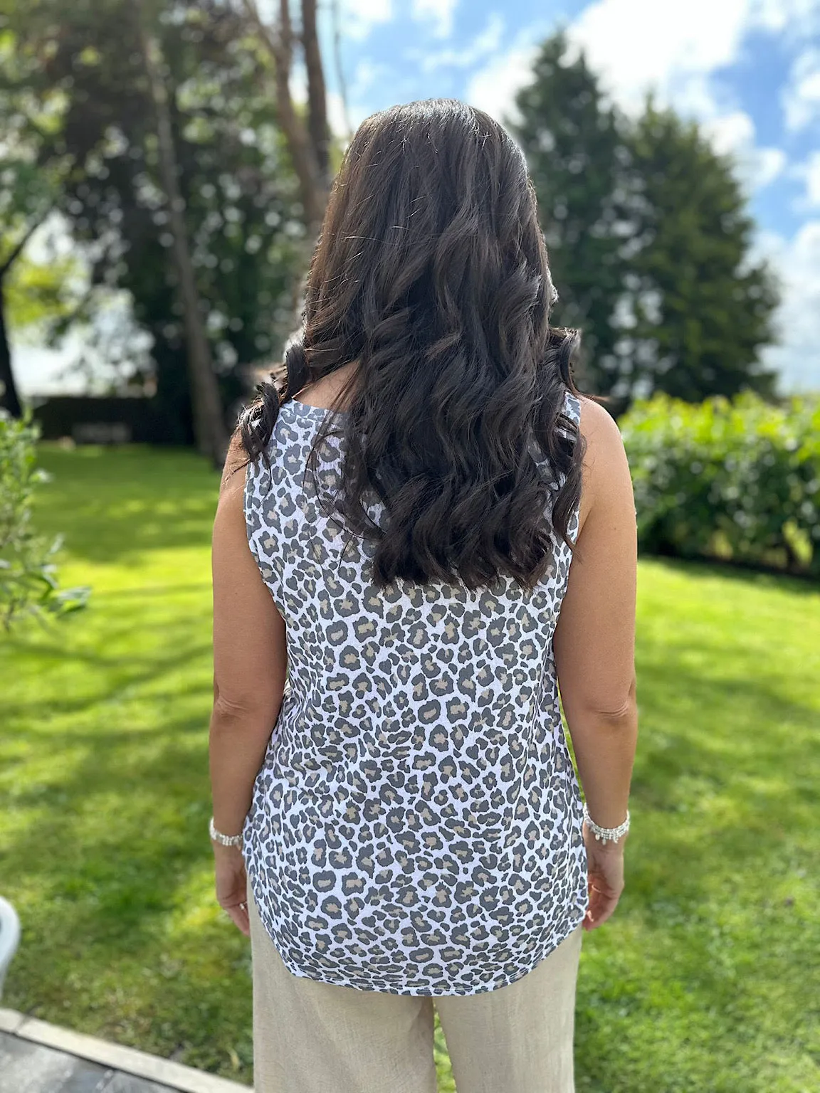 White Leopard Gold Trim Vest Top Dawn