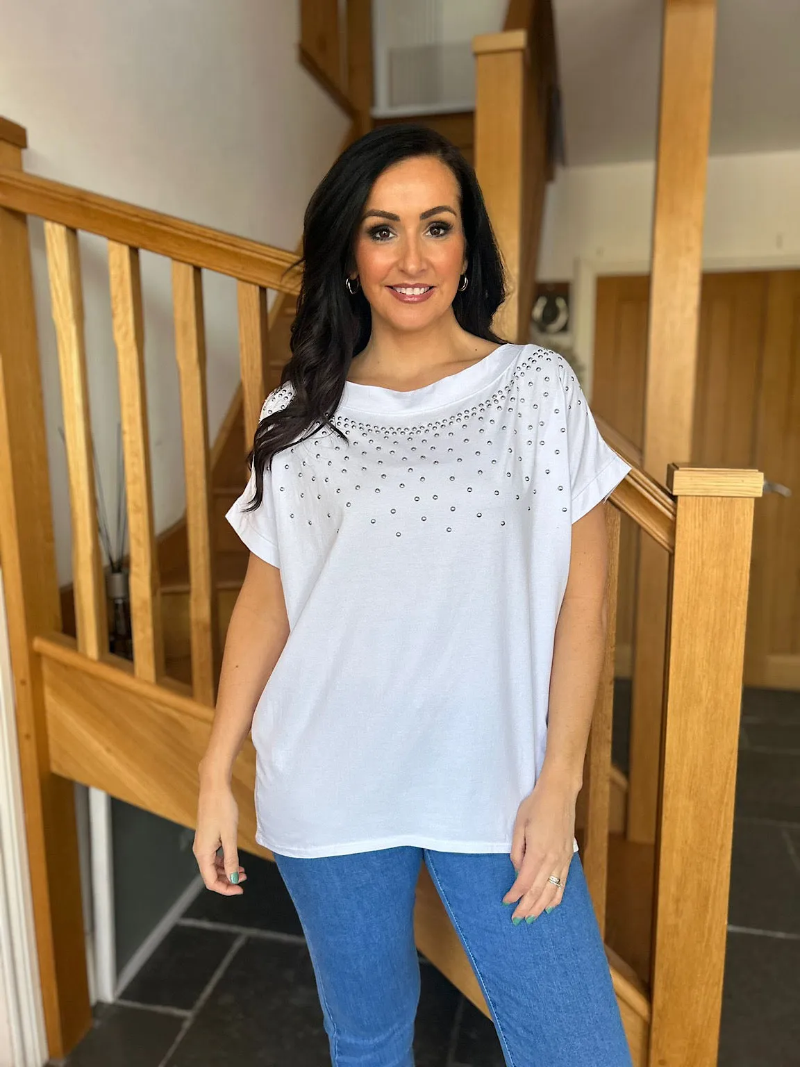 Winter White Round Neck Studded Top Sabrina