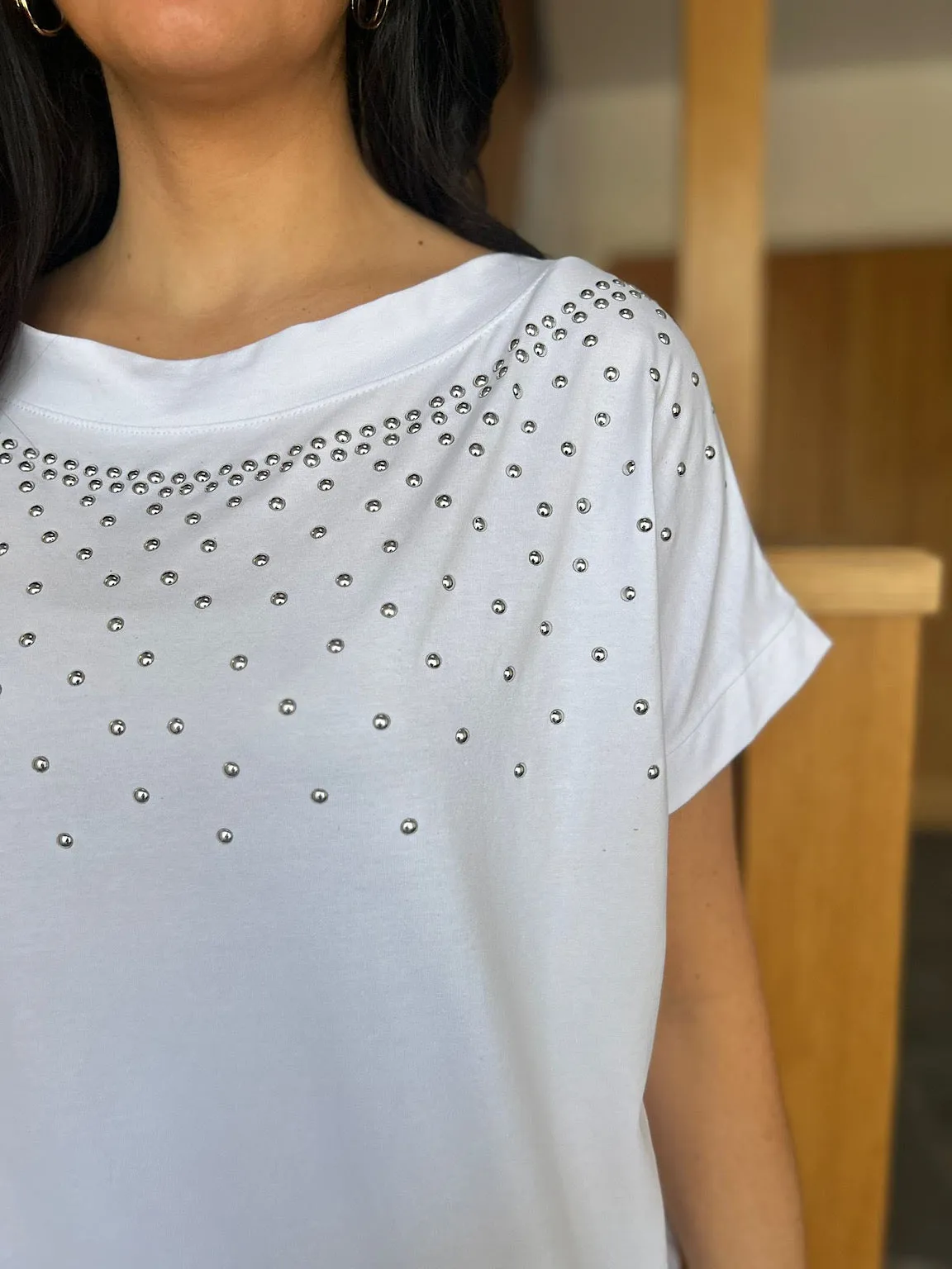 Winter White Round Neck Studded Top Sabrina