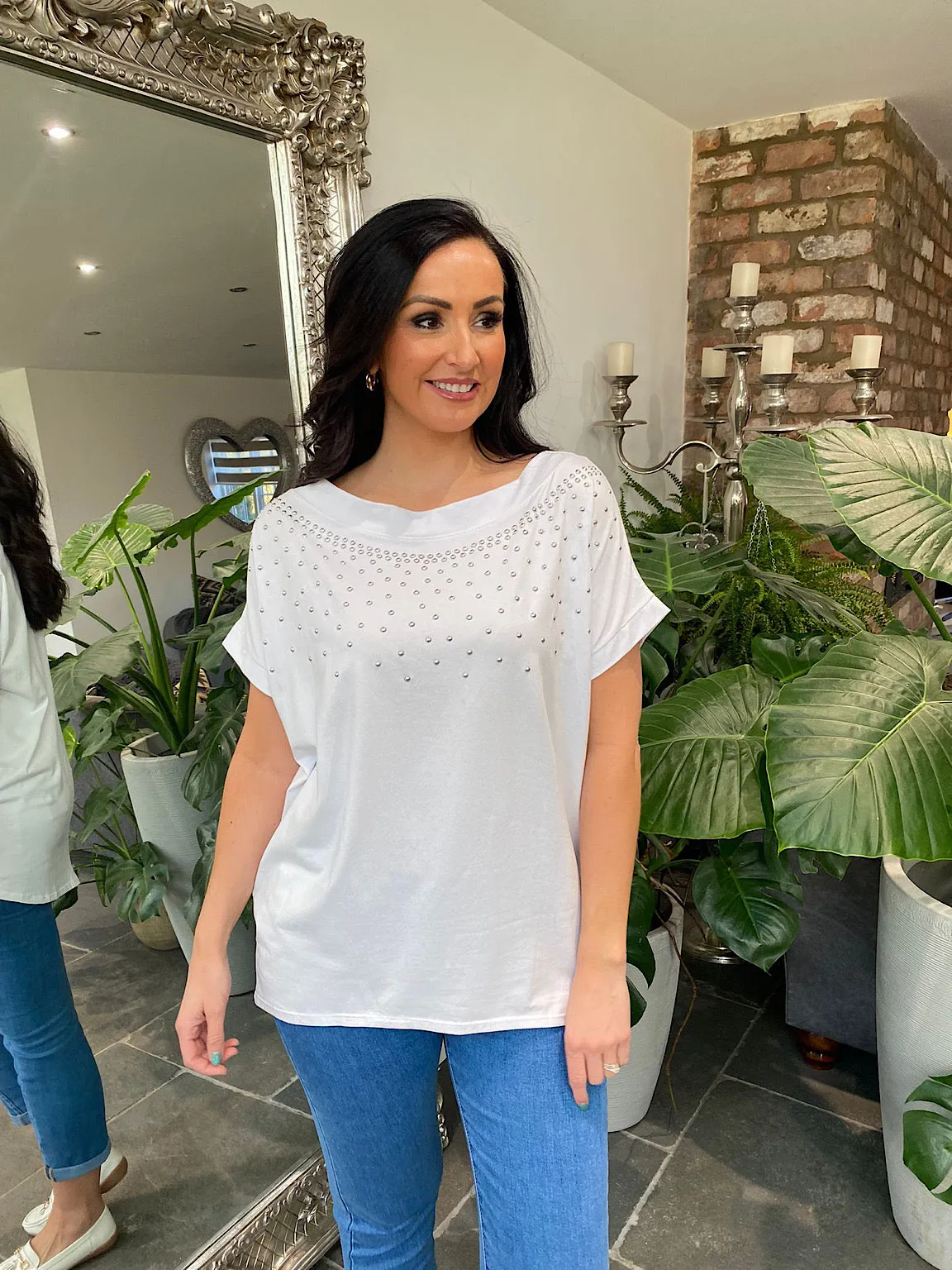 Winter White Round Neck Studded Top Sabrina