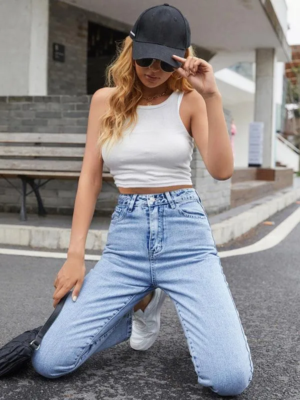 Women Denim Jeans - High Waist Straight-leg