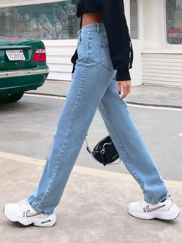 Women Denim Jeans - High Waist Straight-leg