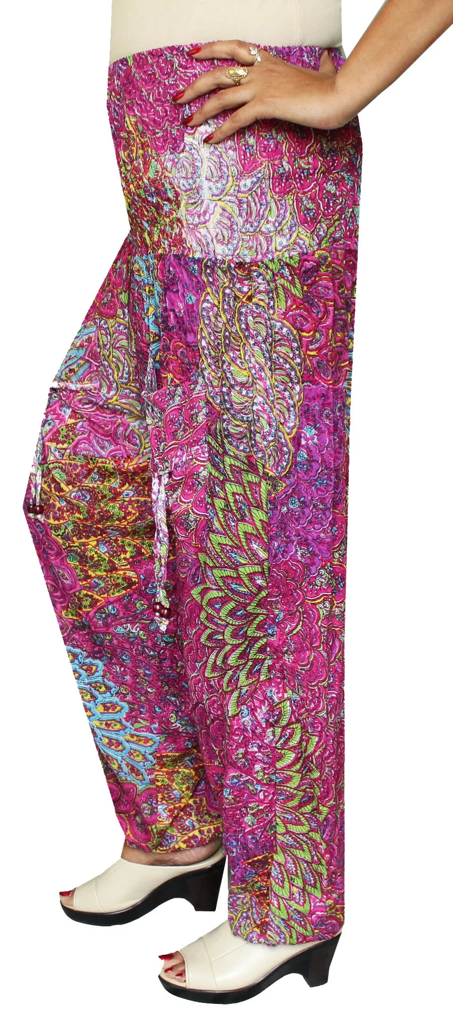 Womens Smocked Waist Hippie Rayon Harem Pants (Pink)